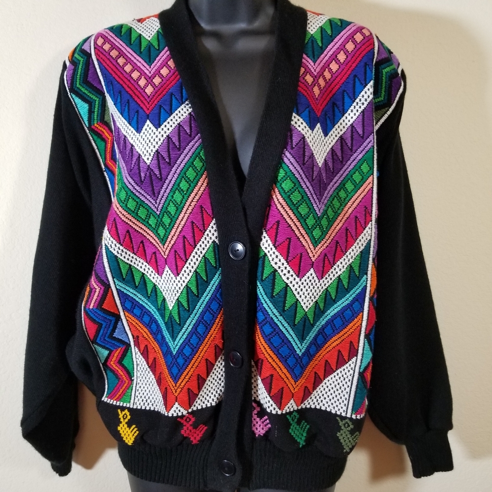 Los Riscos Artesanias Multi Colored duck Cardigan, size Large